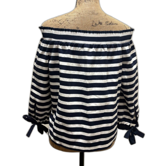 J. Crew Long Sleeve Off Shoulder Top Navy Blue Striped Nautical Size Small - Picture 3 of 5